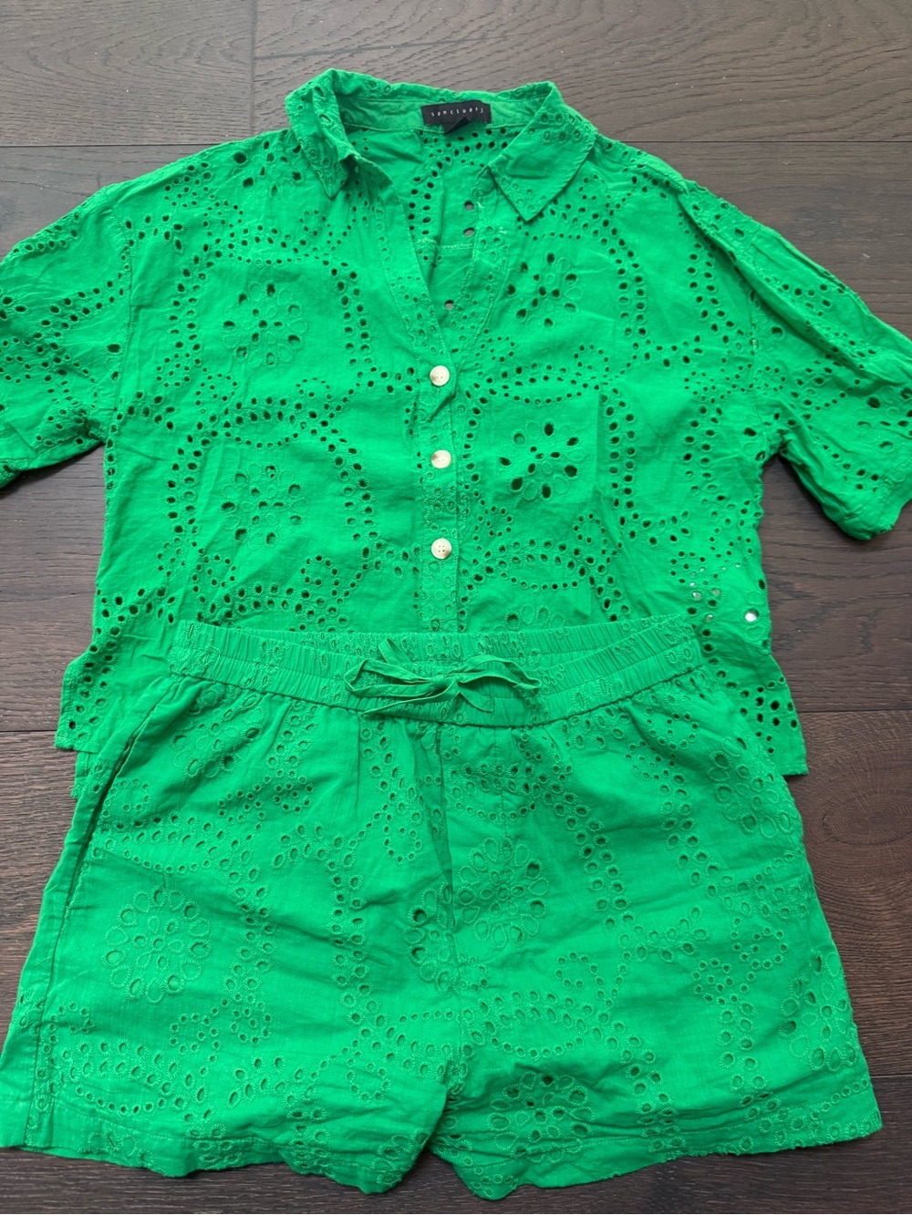 Sanctuary Bright Green Eyelet Button Shirt & Shorts Set